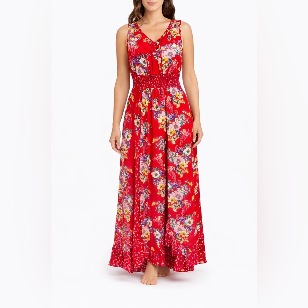 Bila Red Floral Maxi Dress Smocked Waist Sleeveless Boho Summer Size S